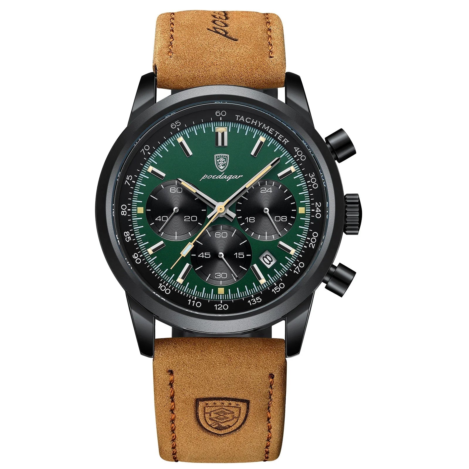 POEDAGAR Men's Watch Waterproof Leather Chronograph Quartz