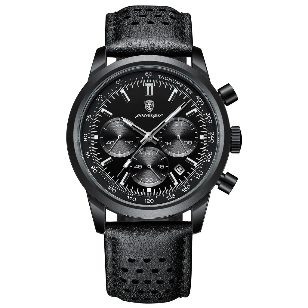 POEDAGAR Men's Watch Waterproof Leather Chronograph Quartz