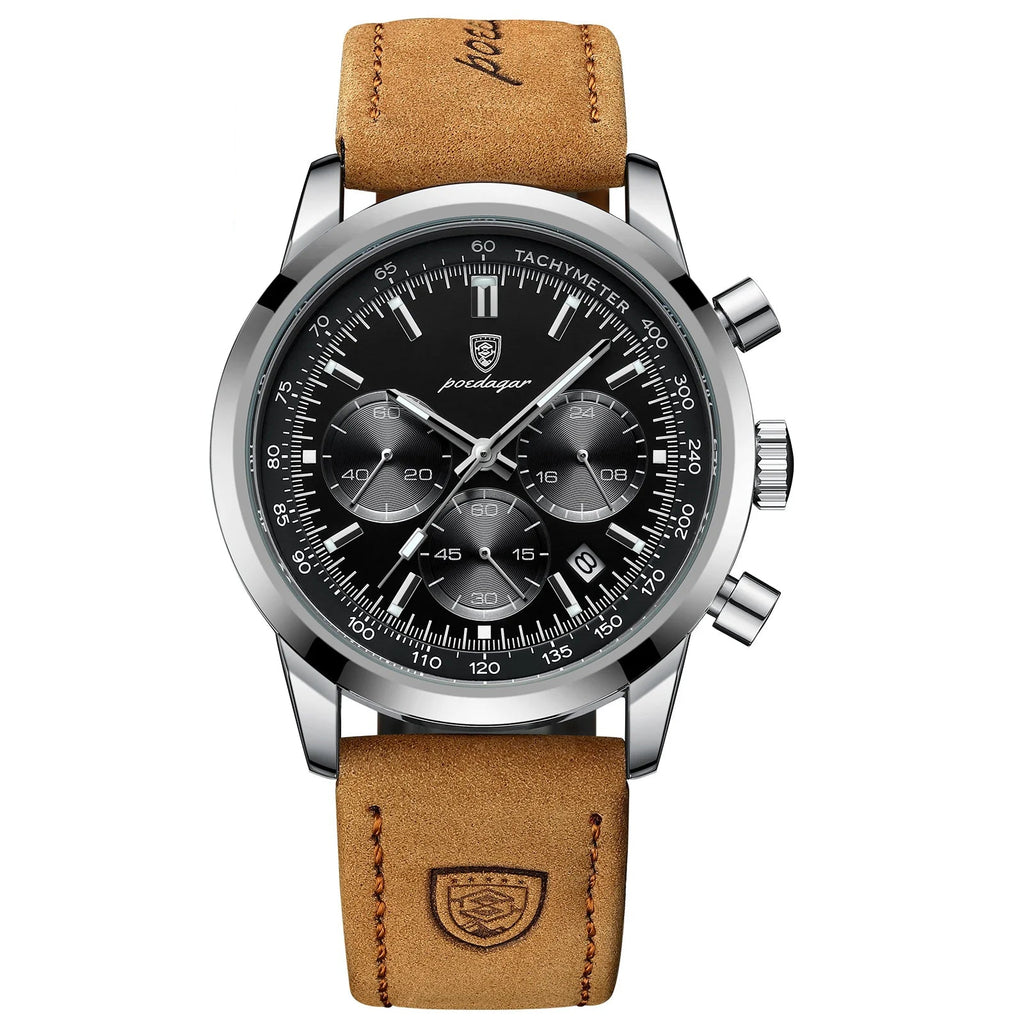 POEDAGAR Men's Watch Waterproof Leather Chronograph Quartz