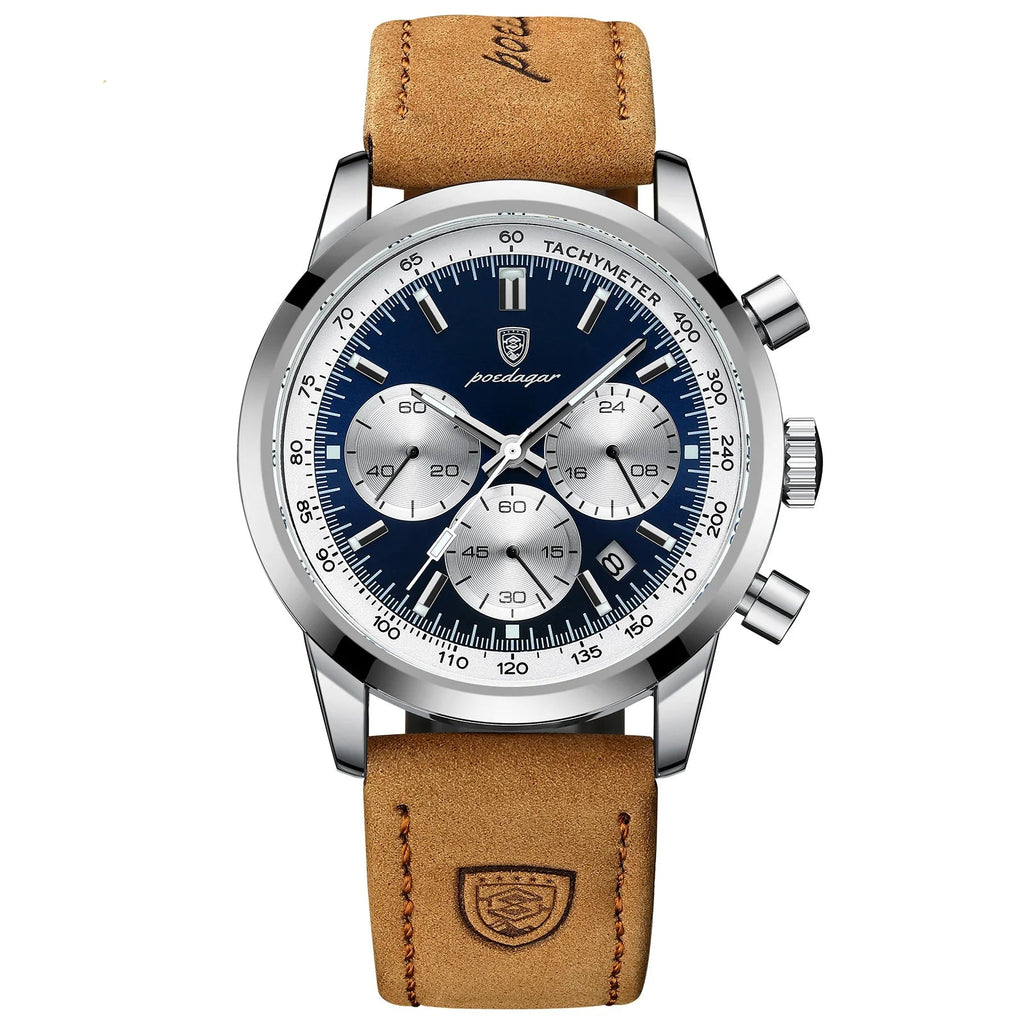 POEDAGAR Men's Watch Waterproof Leather Chronograph Quartz