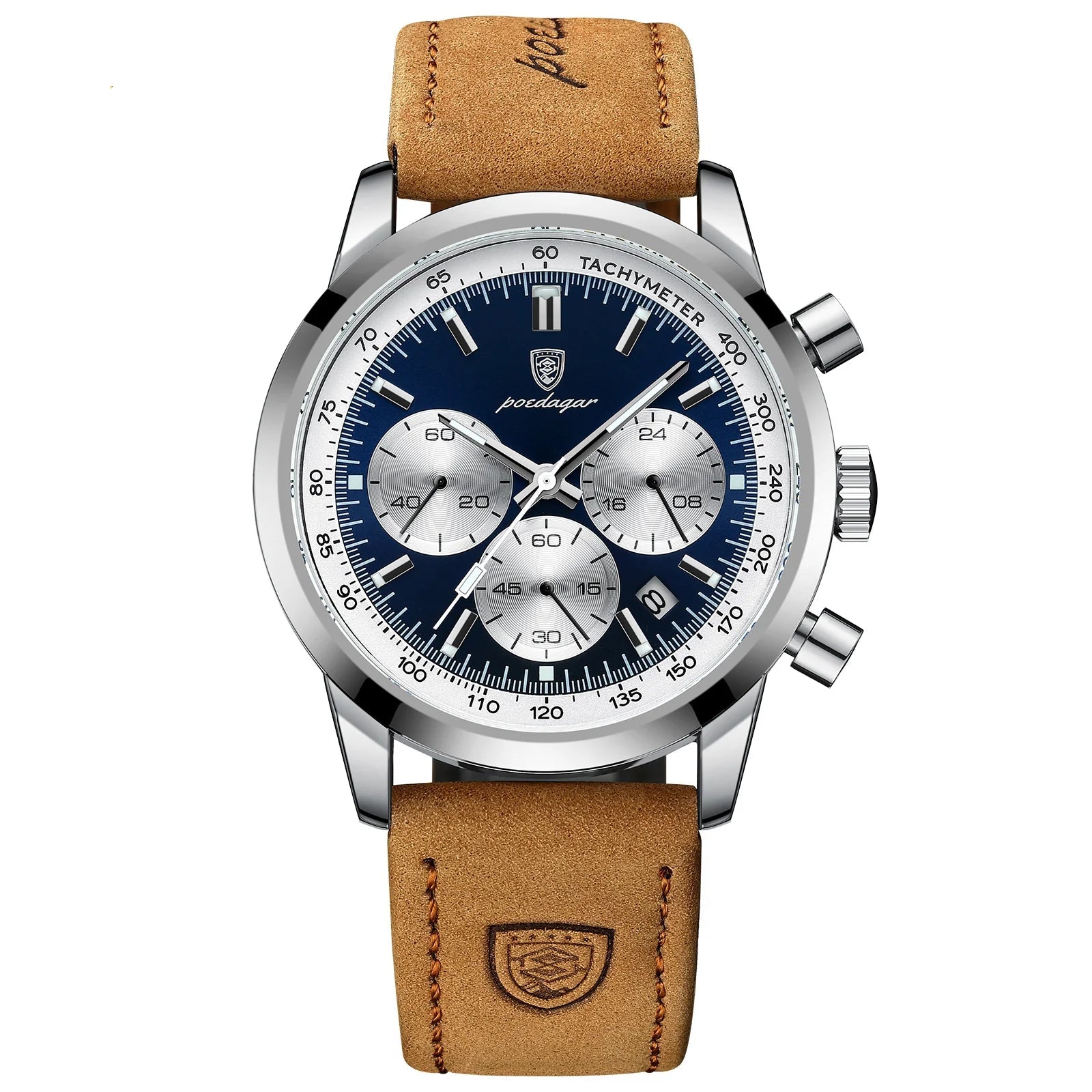POEDAGAR Men's Watch Waterproof Leather Chronograph Quartz